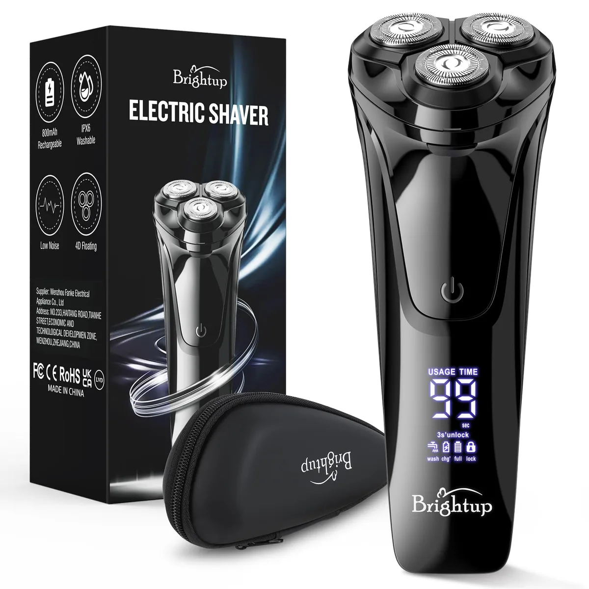 Dark grey rotary shaver with three flex heads and travel case
