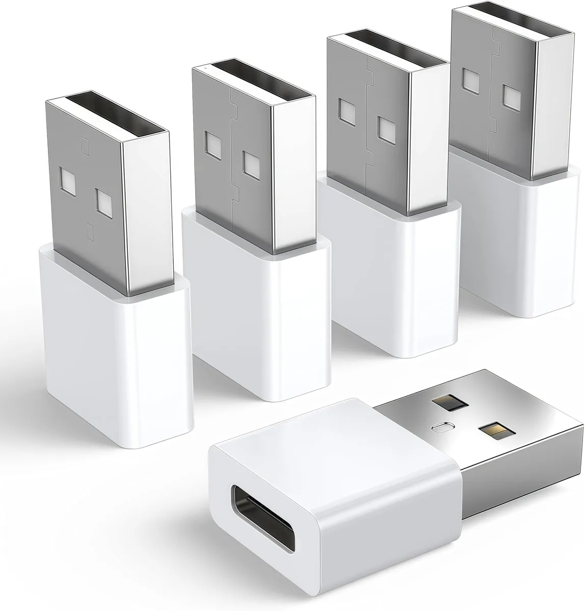 Five small white USB-A to USB-C adapters, compact rectangular shape