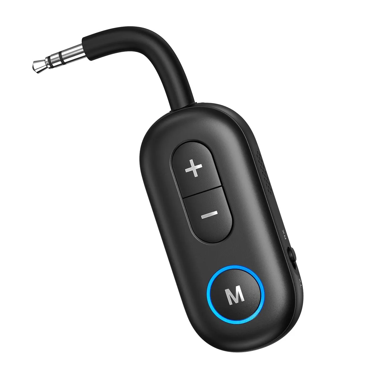 Small black rectangular Bluetooth 5.3 adapter with 3.5 mm aux port