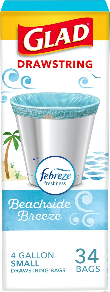 Blue plastic drawstring trash bag box 34 count 4 gallon Beachside Breeze scent