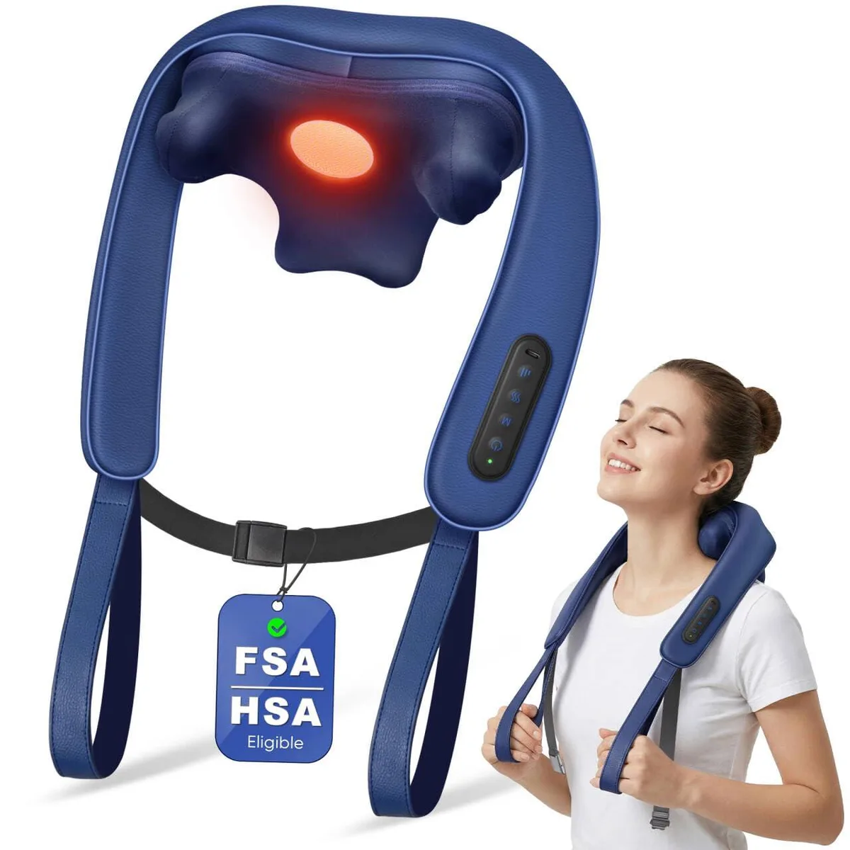 Blue U-shaped wearable neck massager with faux leather finish, battery powered