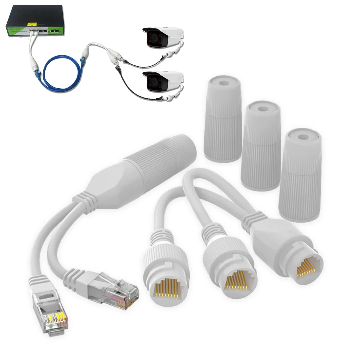 Black rectangular PoE splitter adapter with weatherproof RJ45 connectors