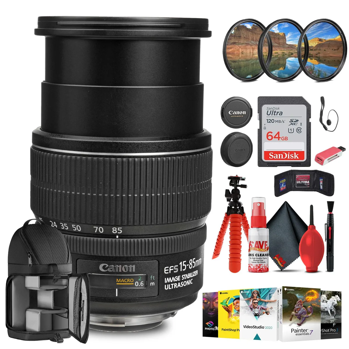 Canon Canon EF-S 15-85mm f/3.5-5.6 IS USM Lens Bundle with 64GB Card — product photo