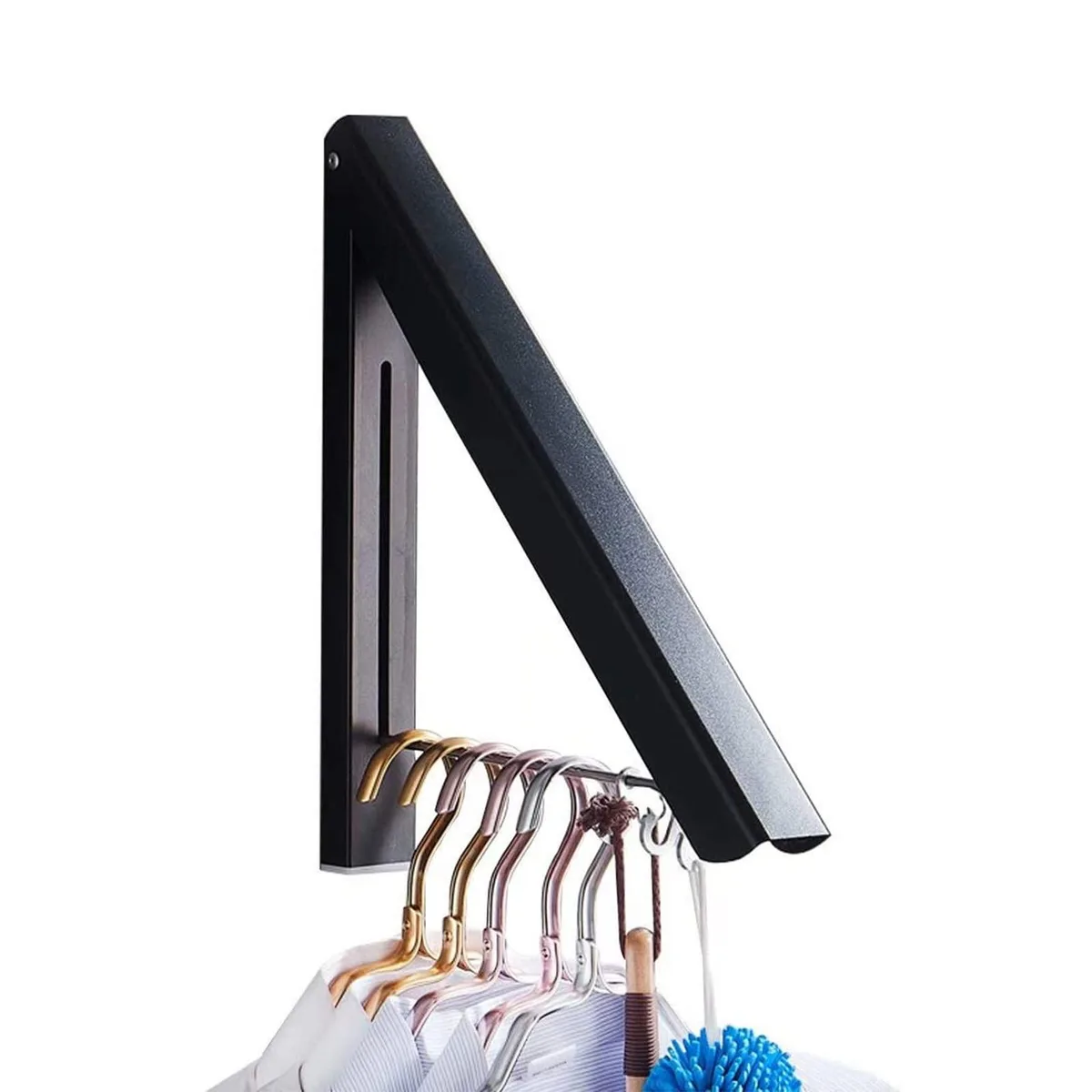 Silver aluminium wall-mounted folding drying rack, 14.7 by 1.2 by 10.5 inches open, 1 inch deep folded