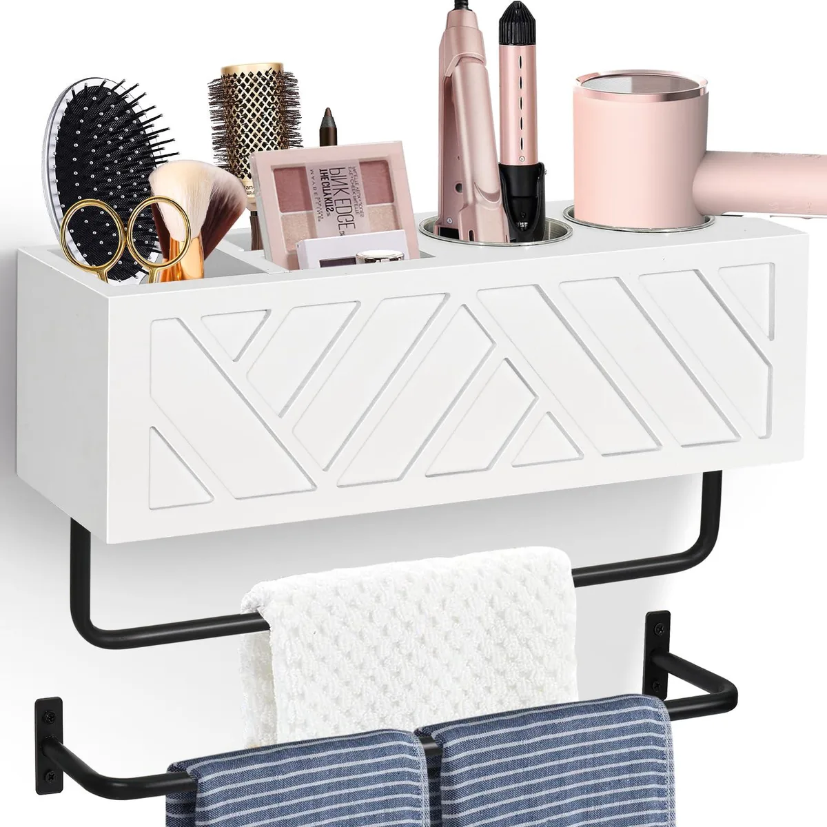 White wooden wall-mounted hair tool organiser with two towel bars, three compartments and two stainless steel cups