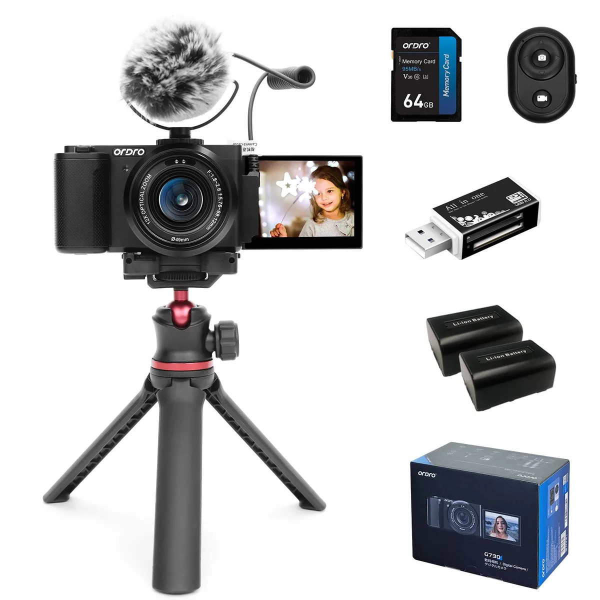 ORDRO ORDRO G730 Vlogging Camera 64MP 12x Optical Zoom 3.2" Touchscreen Kit — product photo