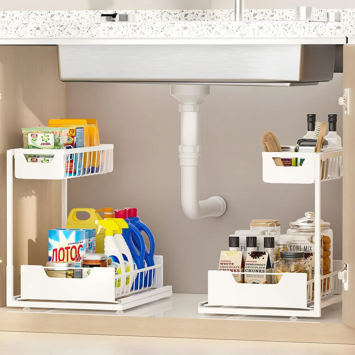 Two white metal slide-out under-sink organizers, L-shaped tiers, suction cups