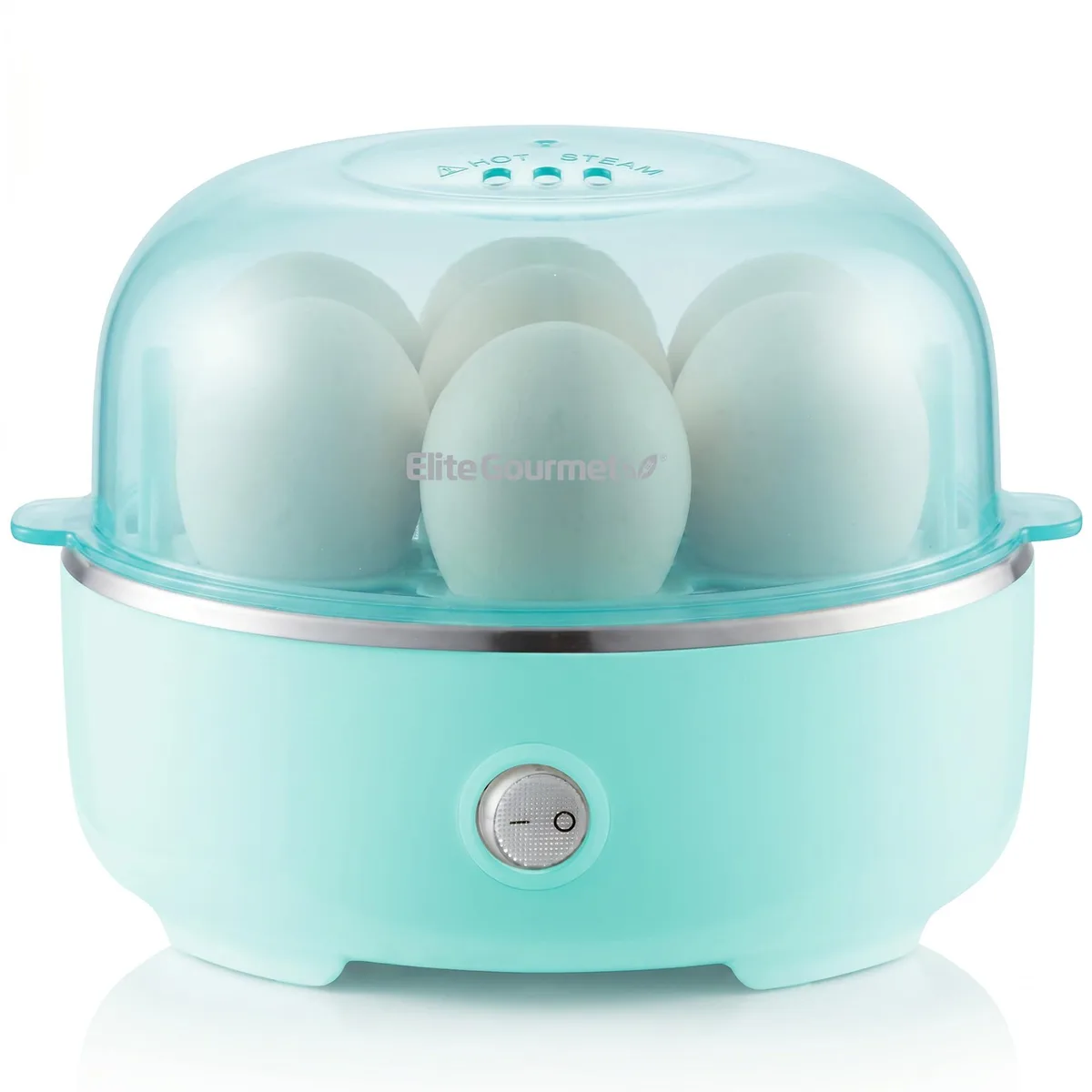 Compact mint egg cooker with black lid and seven-egg tray