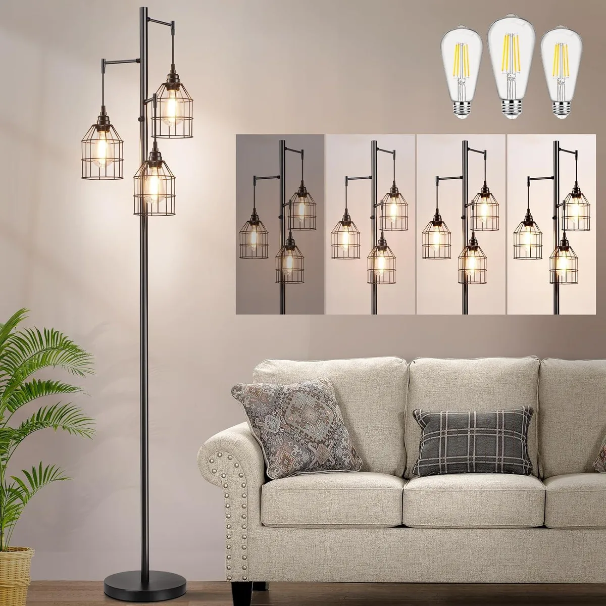 Tall black metal floor lamp with three caged Edison bulbs, 70 inches high