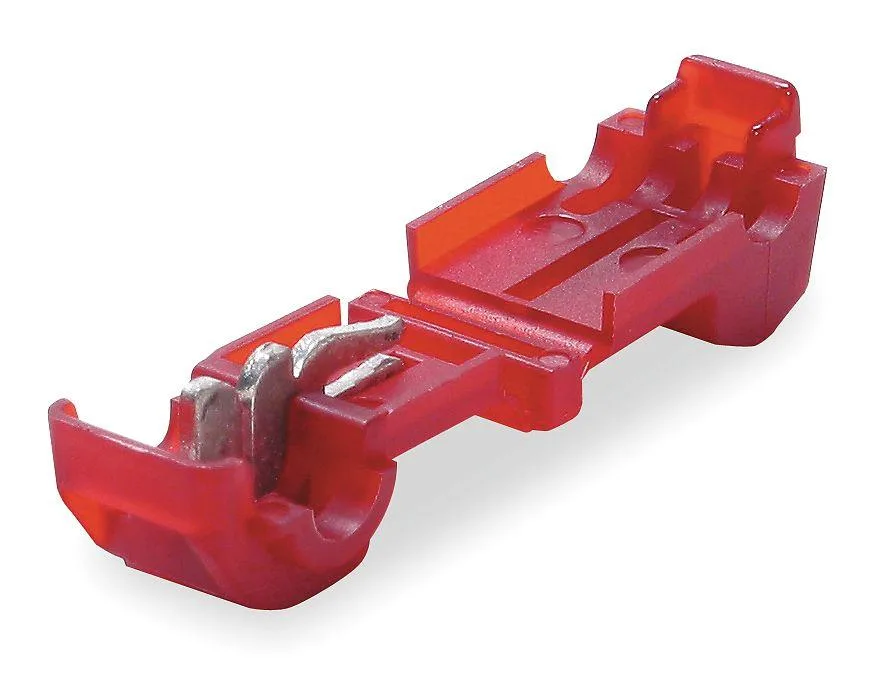 Red nylon T-tap connectors in a bottle of 50