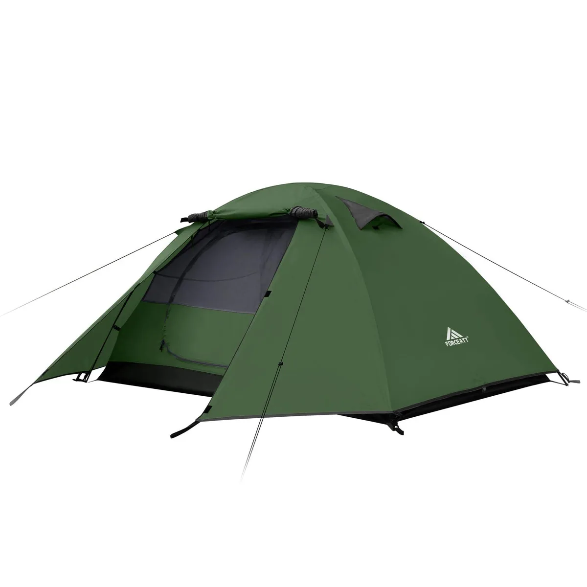 Green dome hiking tent with two D-shaped doors, packed in a compact carry bag