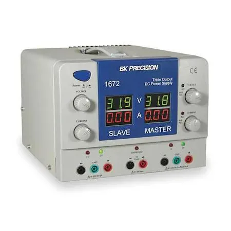 Grey bench-top unit with three LED displays and six binding posts