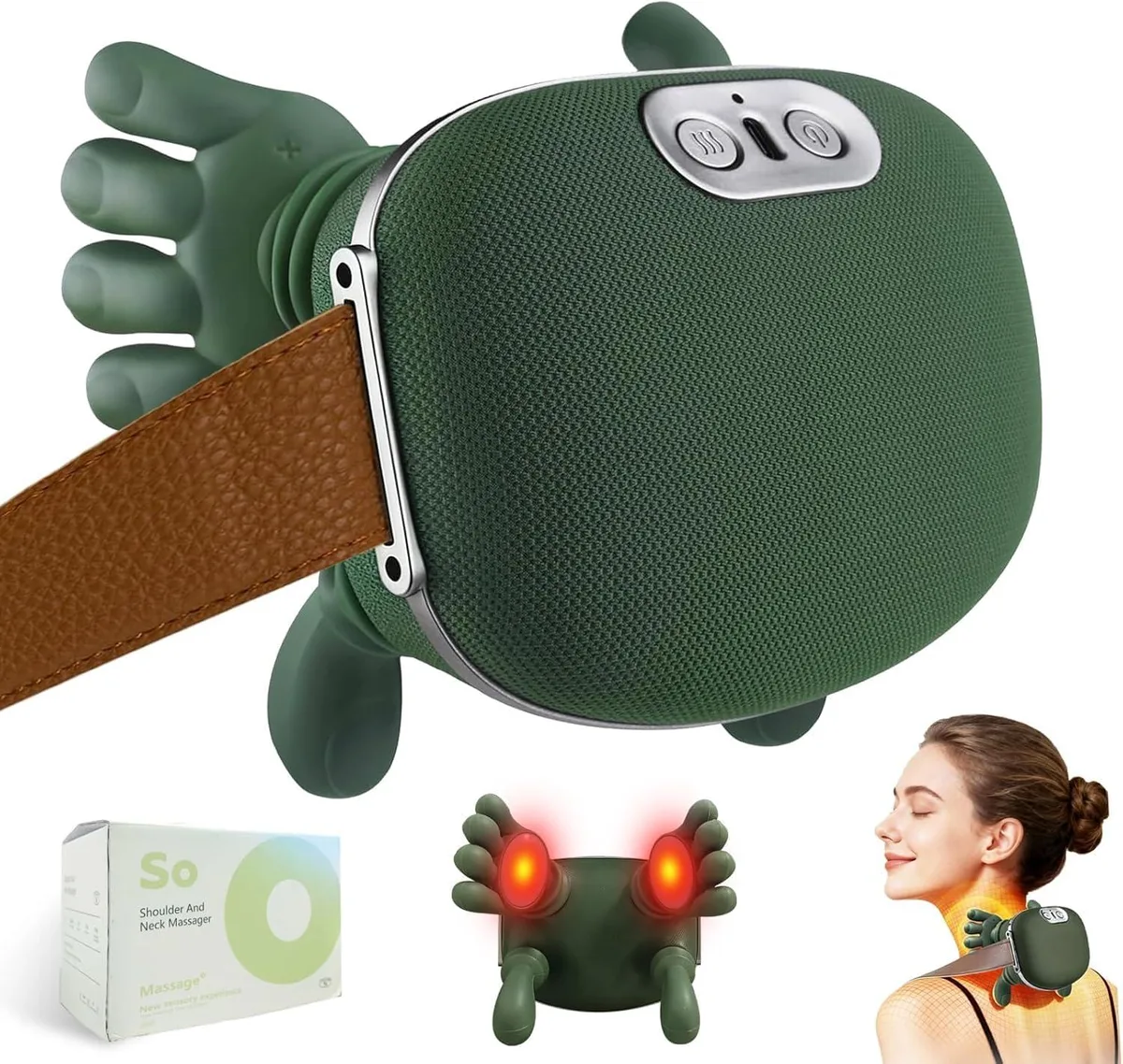 Green U-shaped neck massager with soft-touch finish, wrap-around arms and central heating module