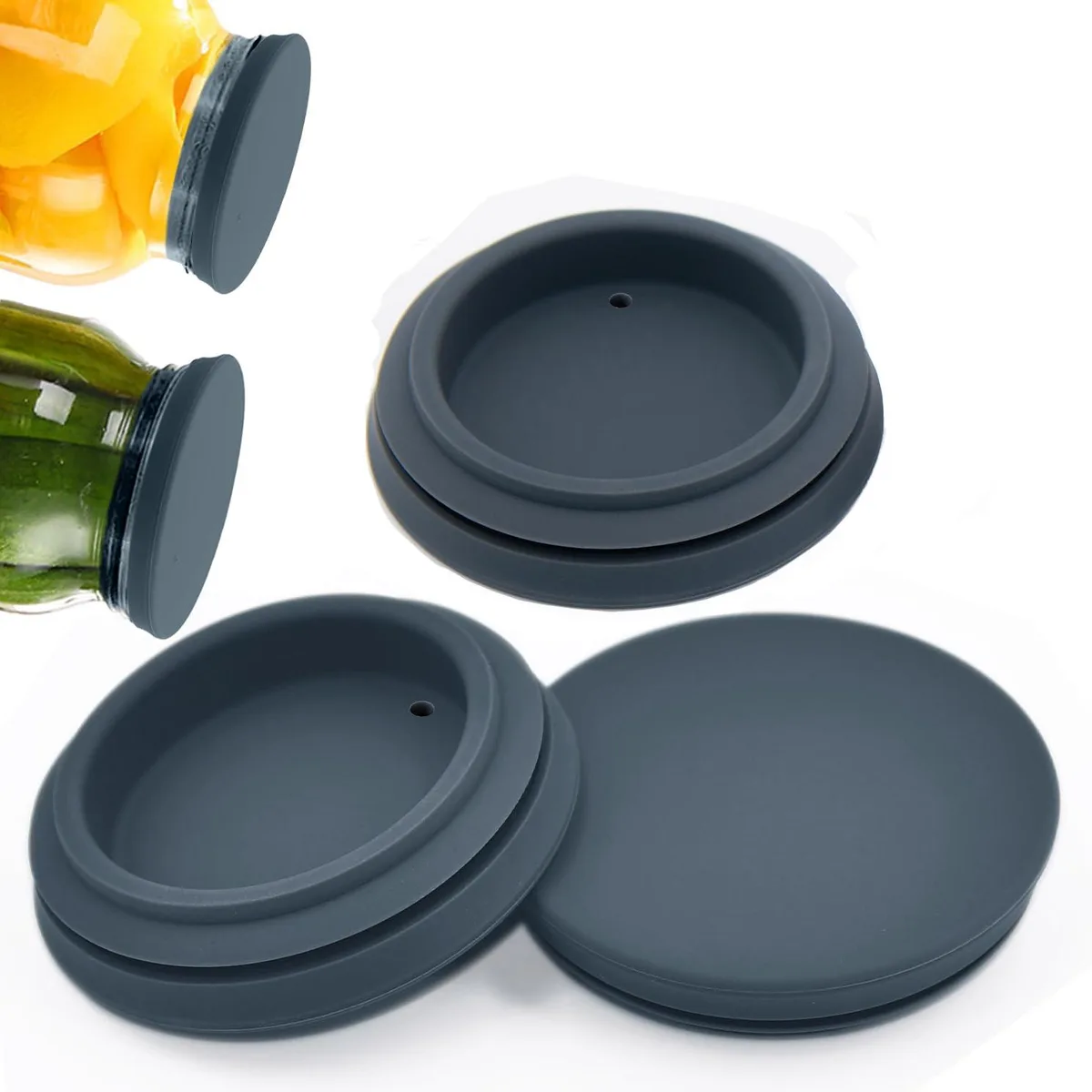 Three grey silicone canning lids 2.75 inch regular mouth
