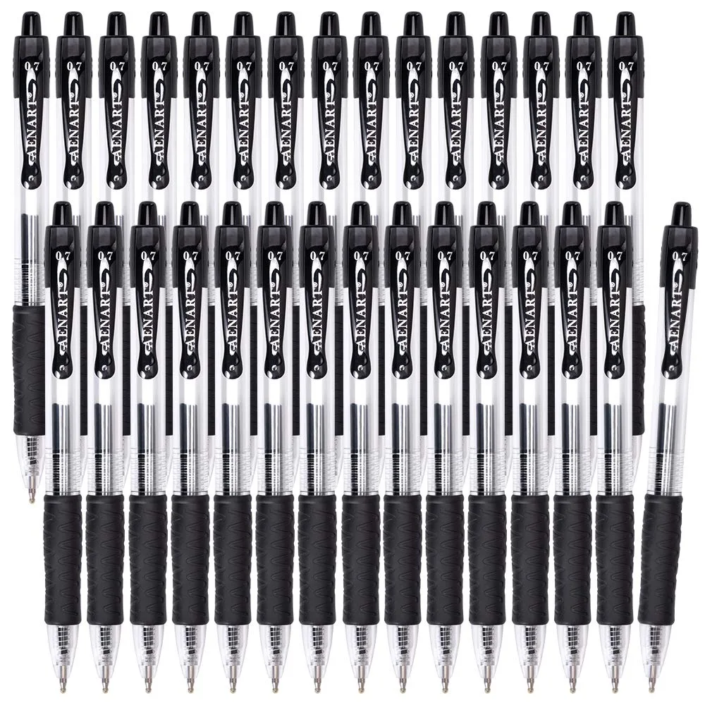 Thirty black retractable gel pens with clear barrels and rubber grips
