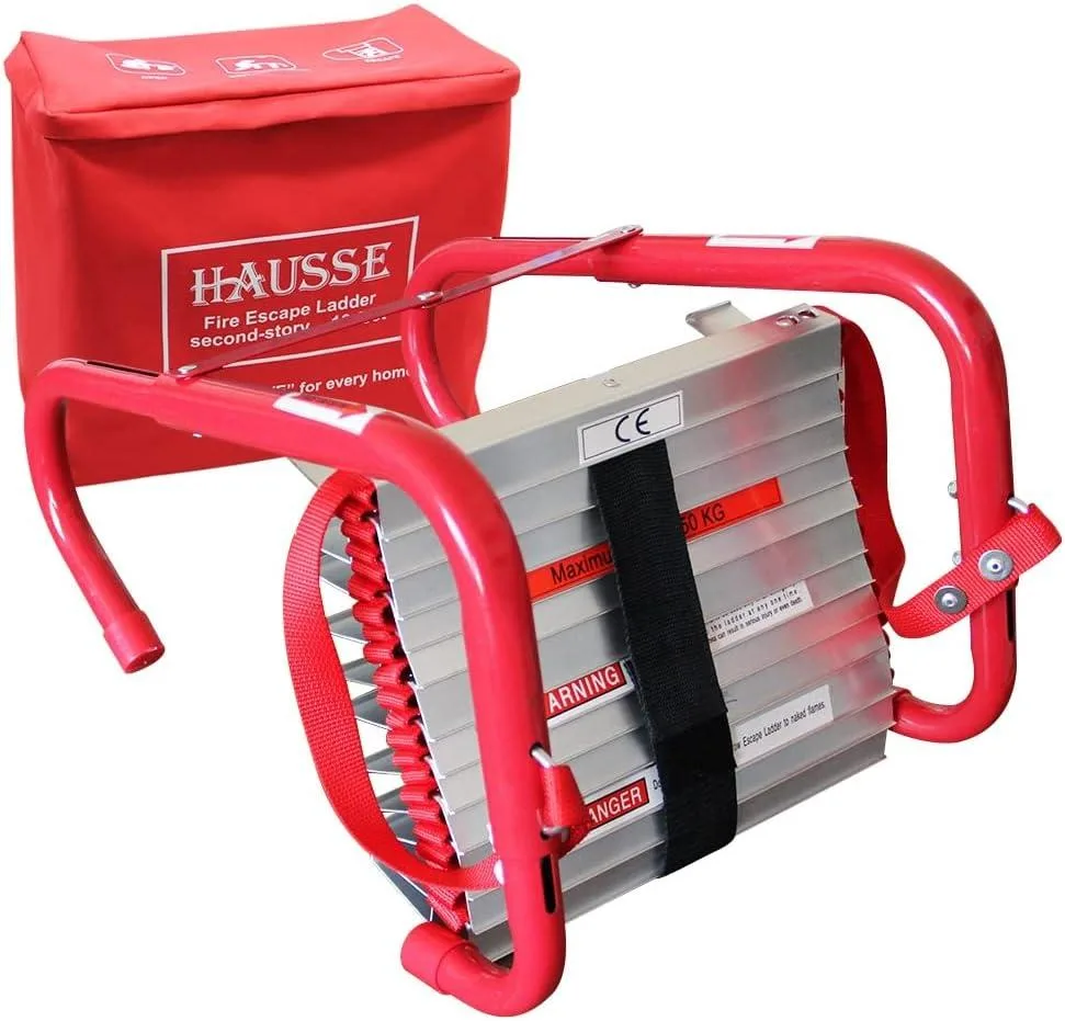 Red canvas bag containing a 13-foot fire escape ladder with retractable hooks