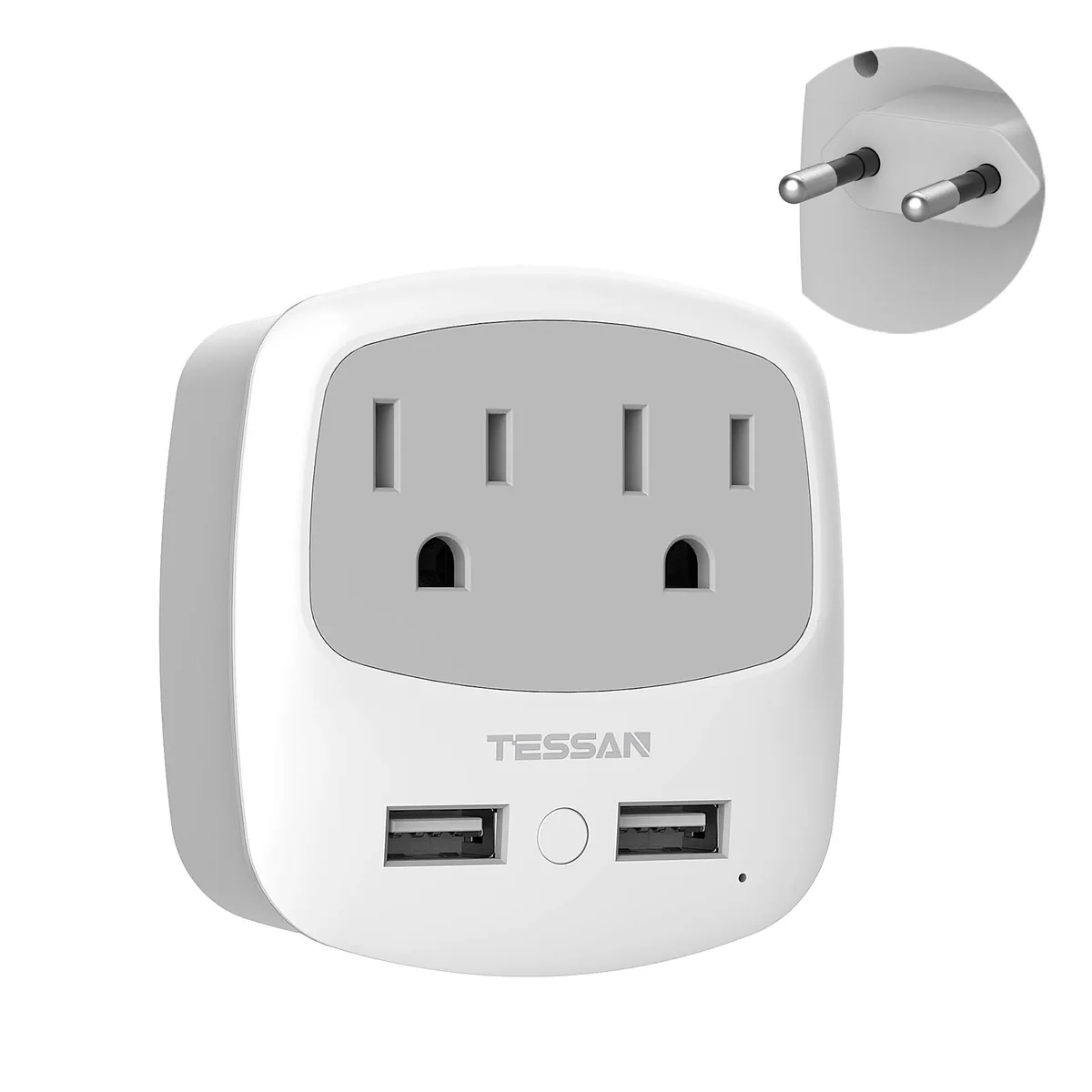 Grey compact travel adapter with two AC outlets and two USB ports