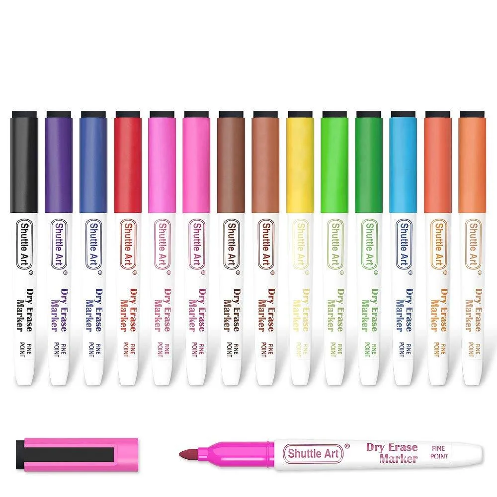 Boxed set of 15 fine-tip magnetic dry-erase markers with eraser