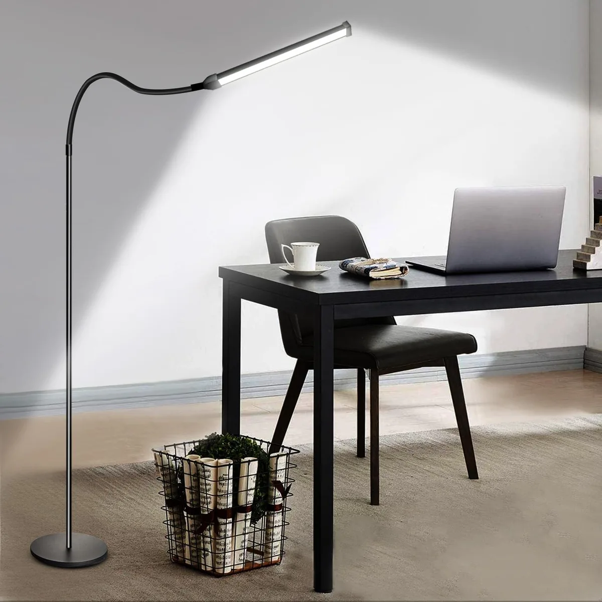 Black gooseneck floor lamp with adjustable LED head on slender stand