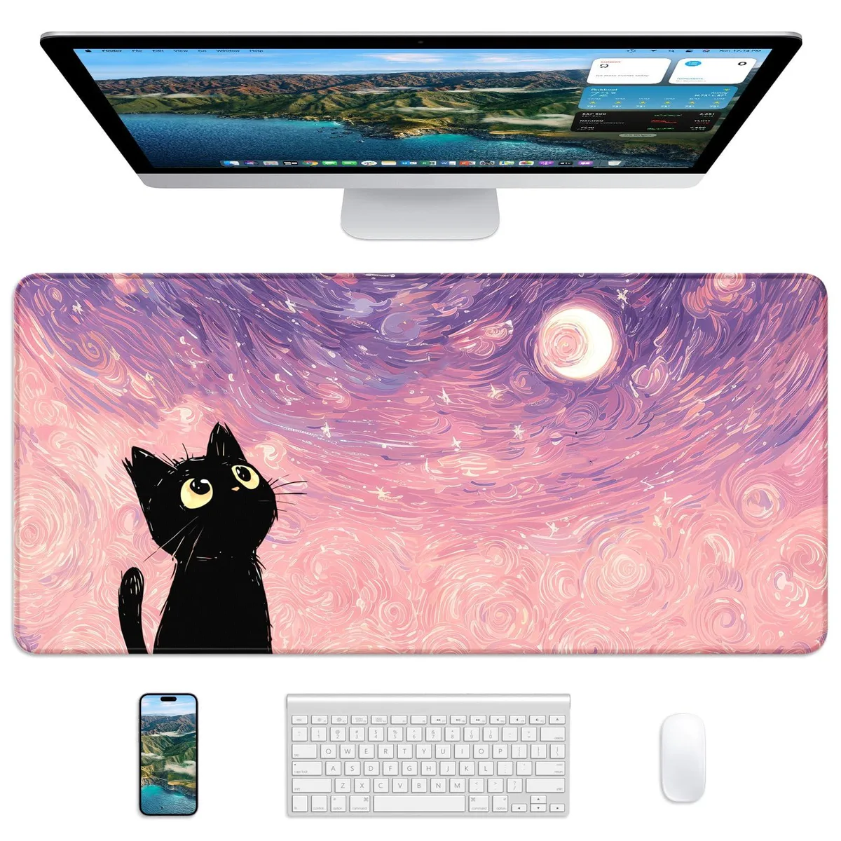 Rectangular desk mat, Van Gogh Cat art, black stitched edges, 31.5 by 15.7 inch
