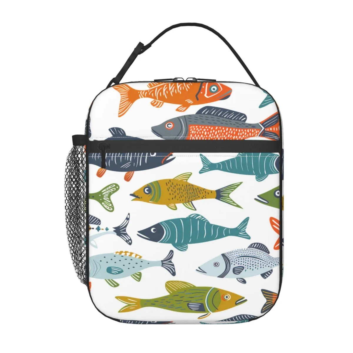 Lowepro insulated polyester lunch bag with fish pattern, top handle and buckle closure
