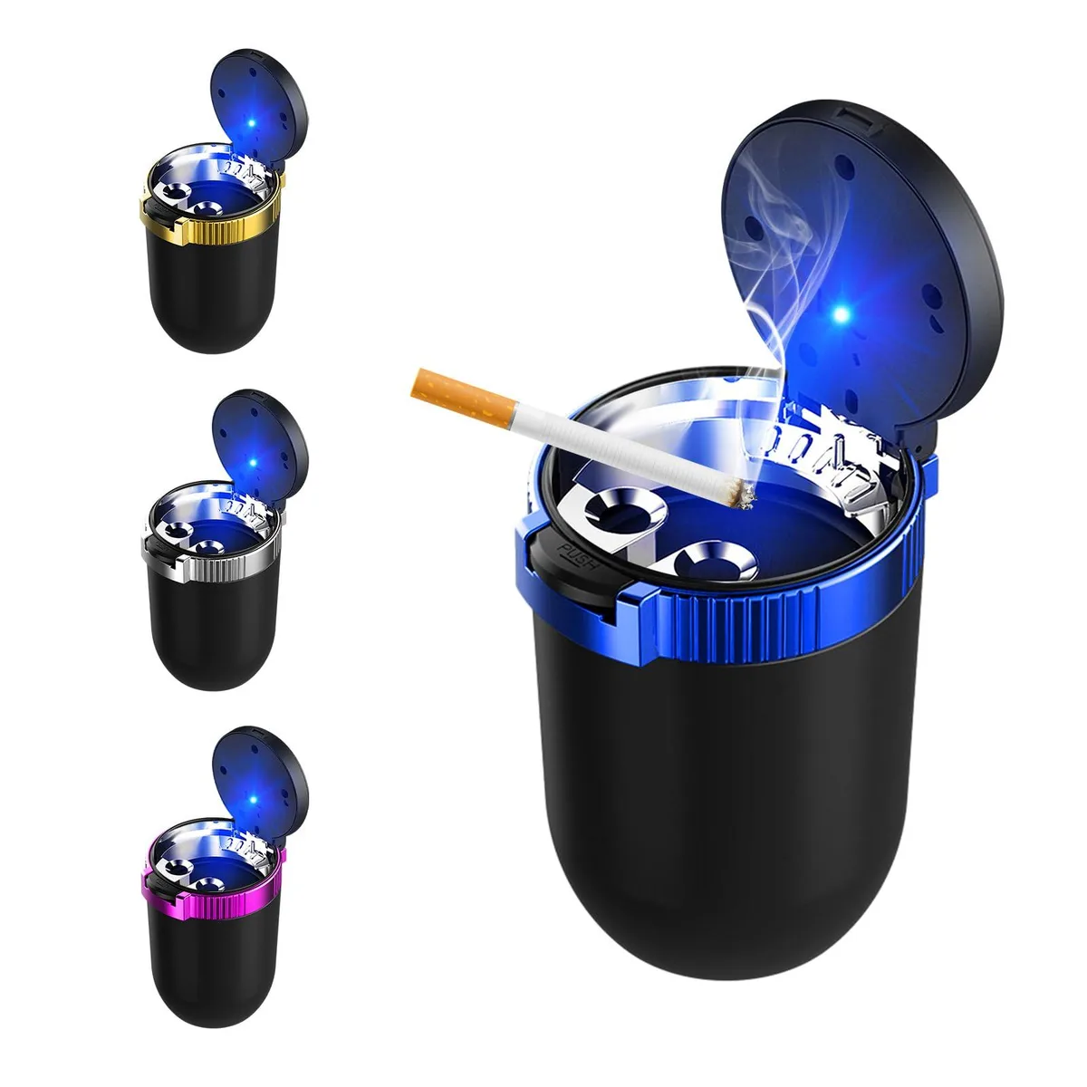 Car Ashtray with LED Blue Light – 3.04 in diameter × 3.91 in height — product photo