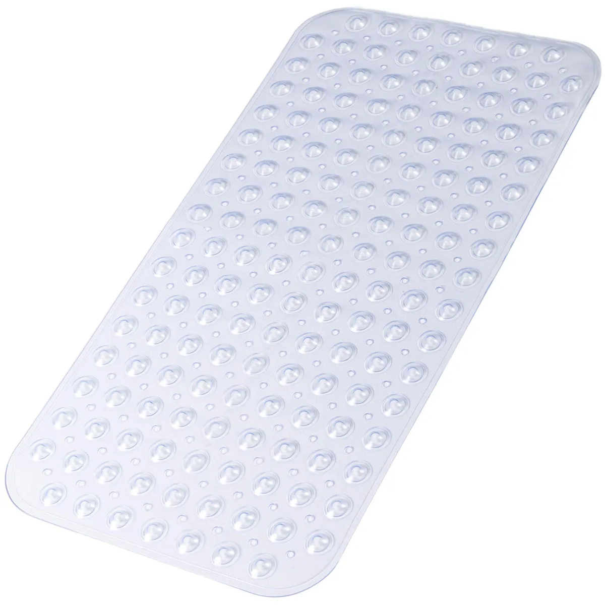 Beige rectangular bath mat 28 by 15 inches with pebble texture and suction cups