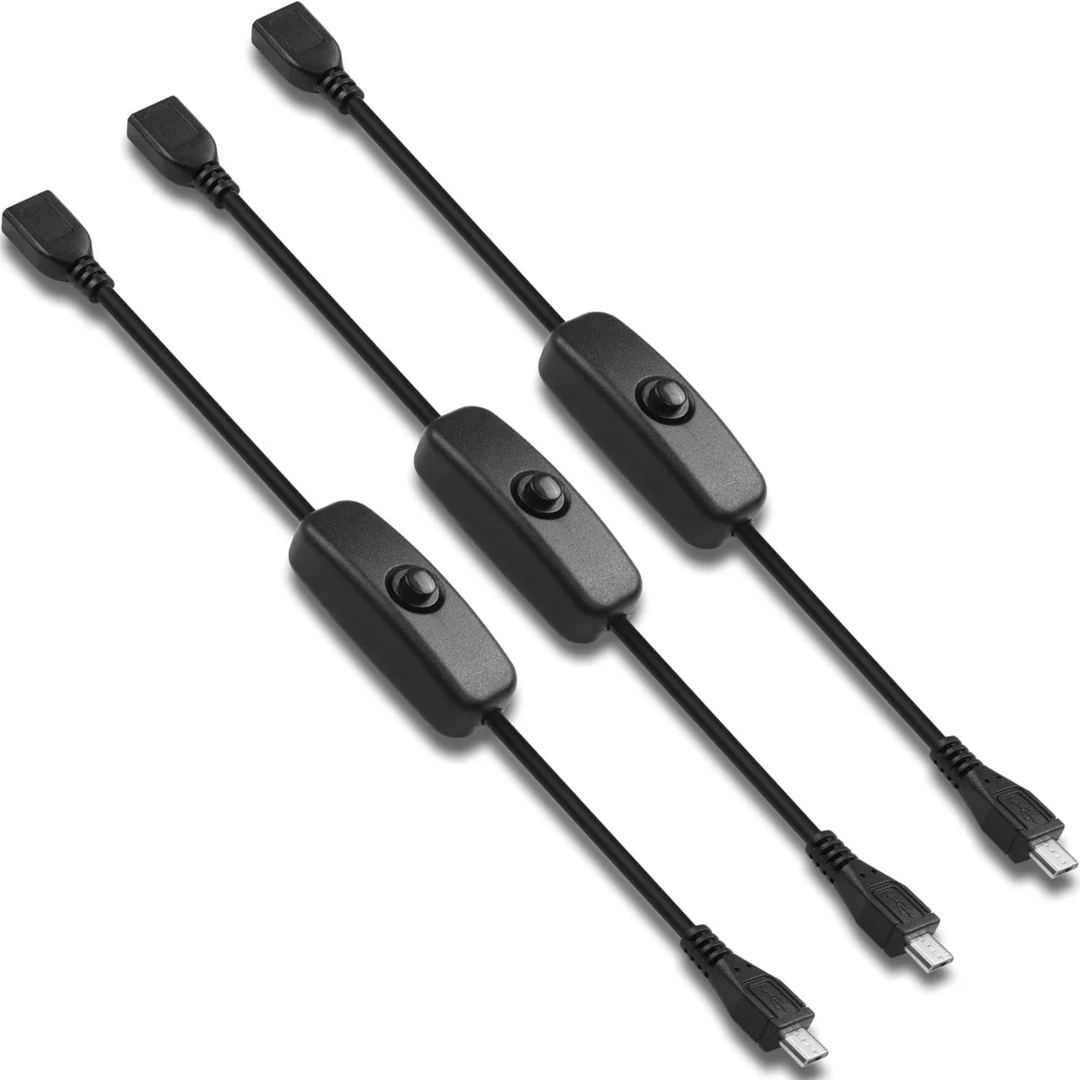 Black Micro USB male-to-female switch cable, 28 cm, inline 501 on/off button