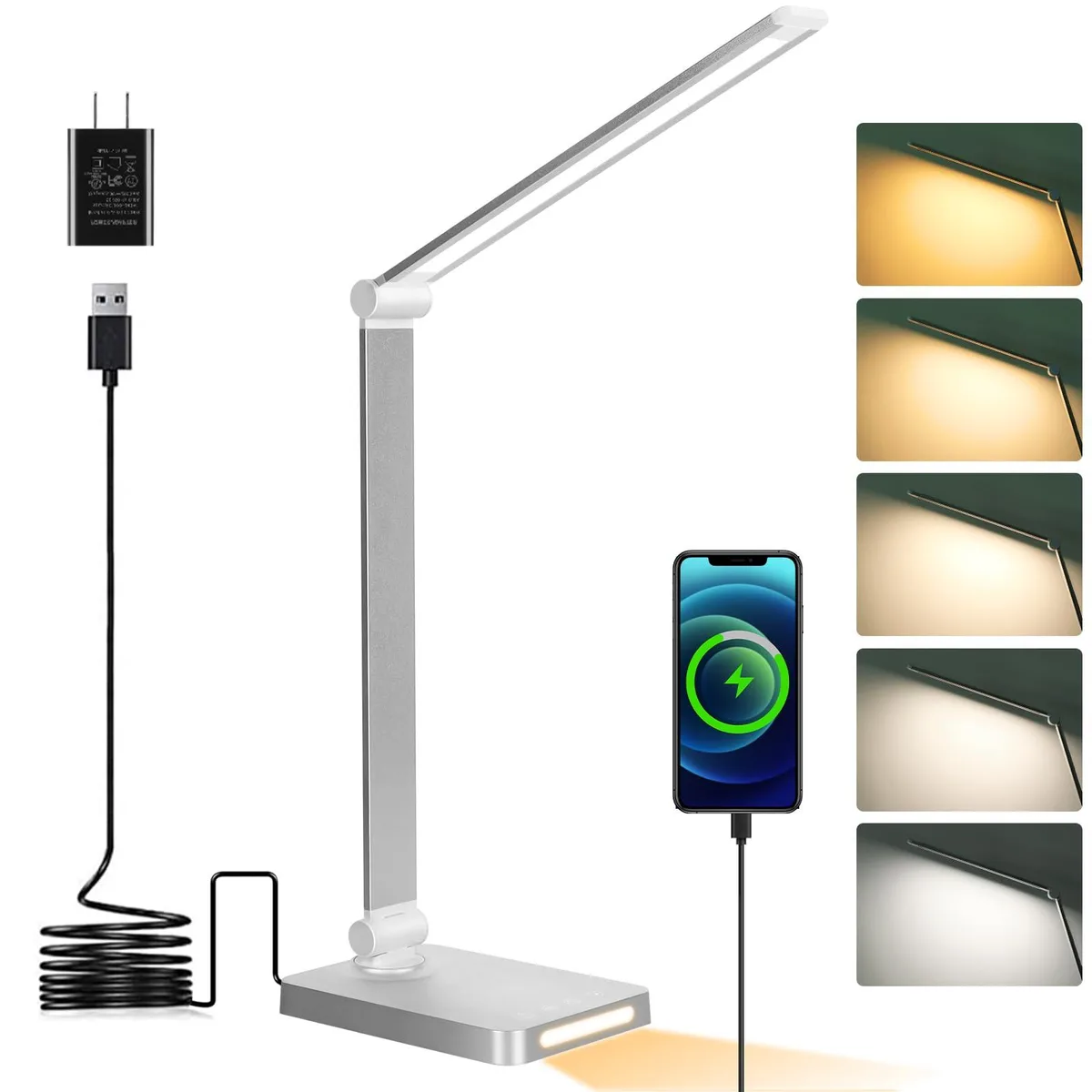 White rectangular LED desk lamp with foldable arm and USB ports