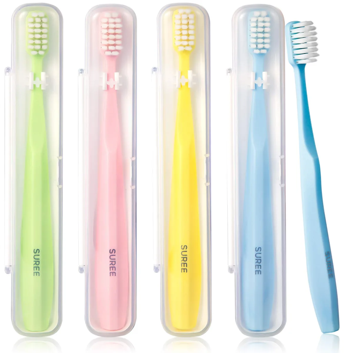 Four white manual toothbrushes with ultra-soft bristles and individual travel cases