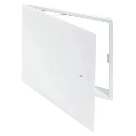 Square white steel access door with flush concealed hinges and cam latch
