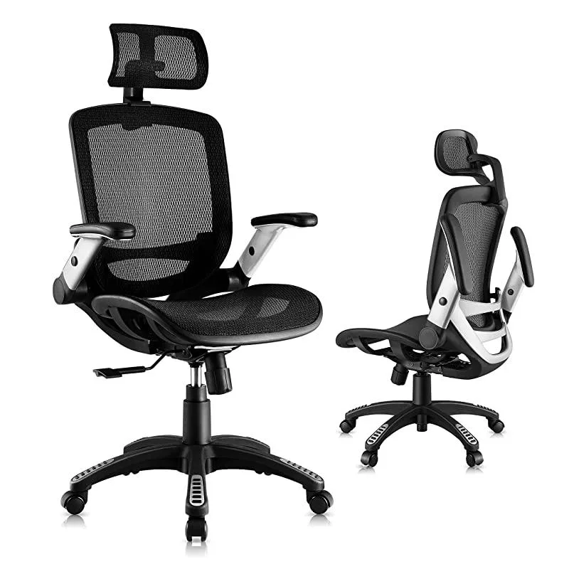 Black ergonomic mesh office chair with high back, adjustable headrest, flip-up arms and PU wheels