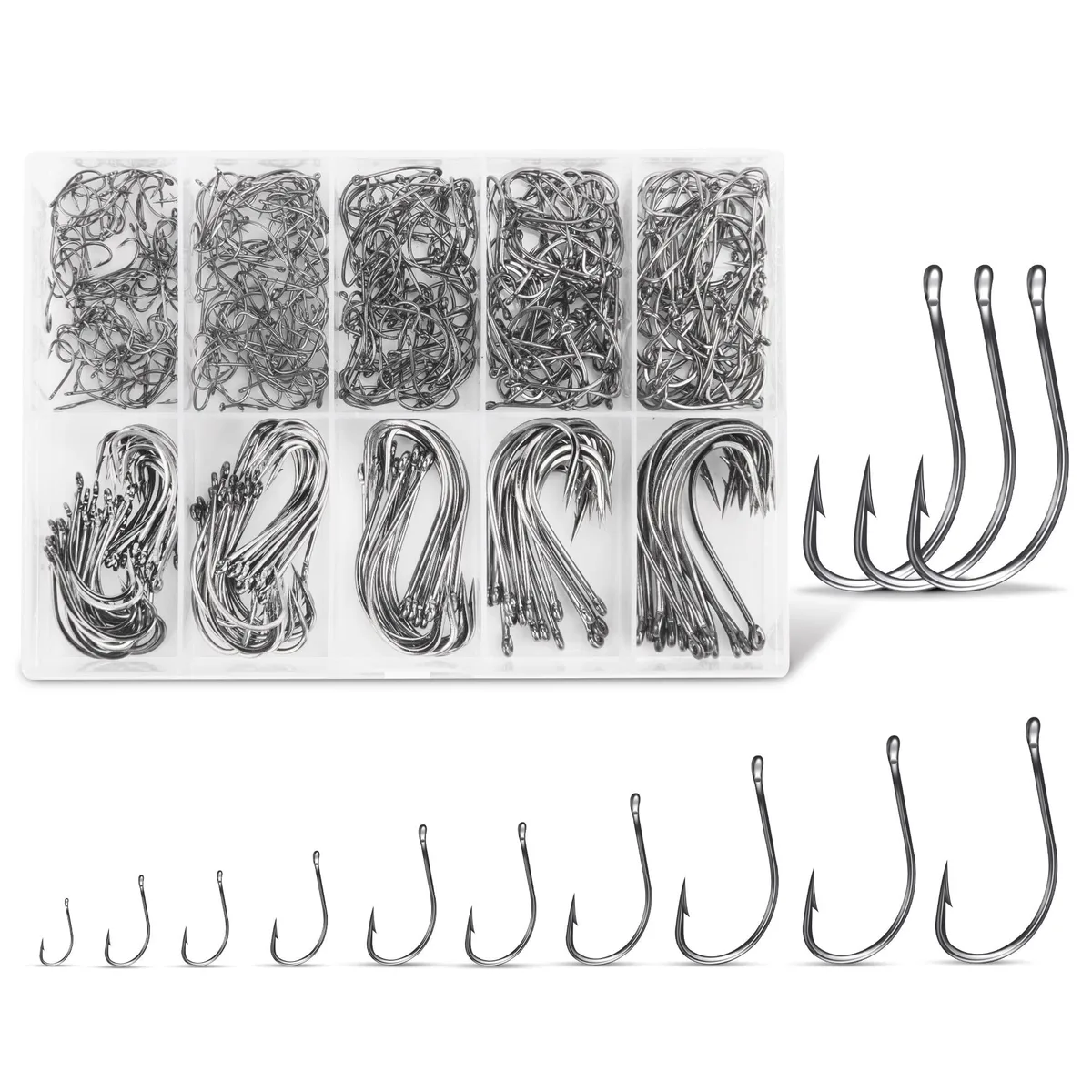 Clear compartment box holding 500 carbon steel circle hooks in ten sizes from 6 to 24