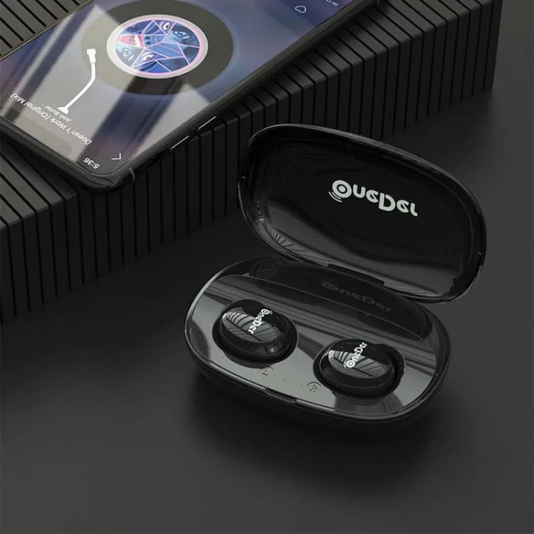 Pair of black in-ear wireless earbuds with charging case