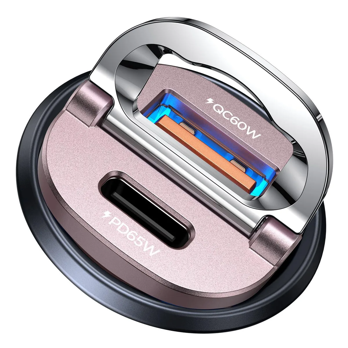Small metallic USB-C car charger with pull ring, fits flush in 12V socket