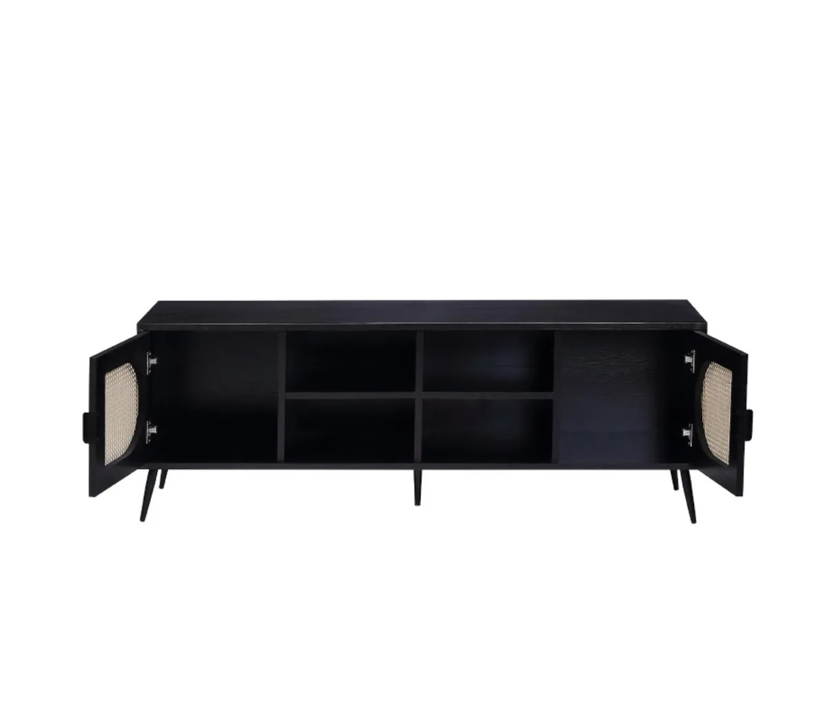 Low black TV stand with wooden cabinet, metal legs, rattan inserts, two doors and four open shelves