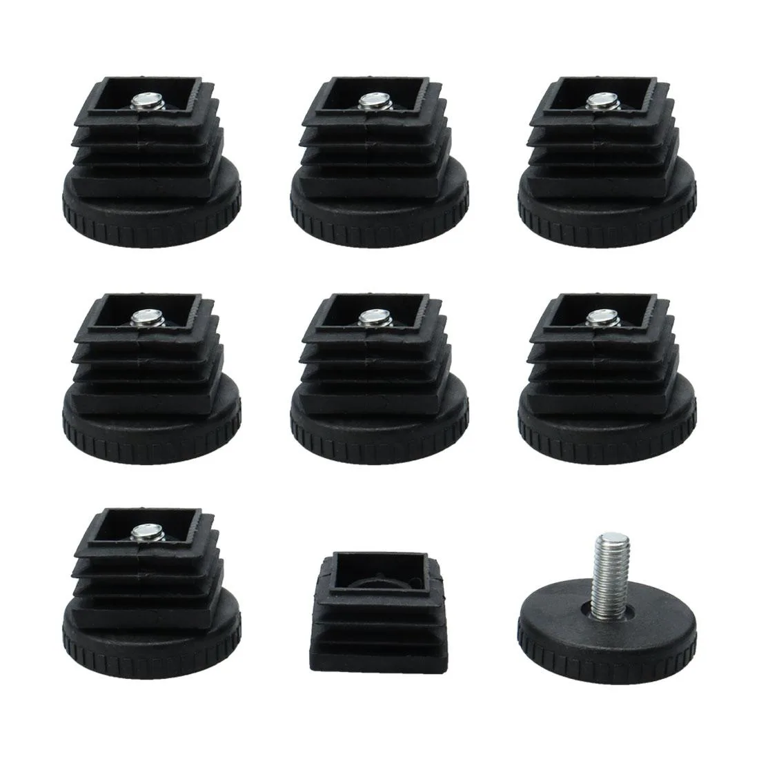 Eight sets of 40 mm square tube inserts with adjustable leveling feet and plastic bases