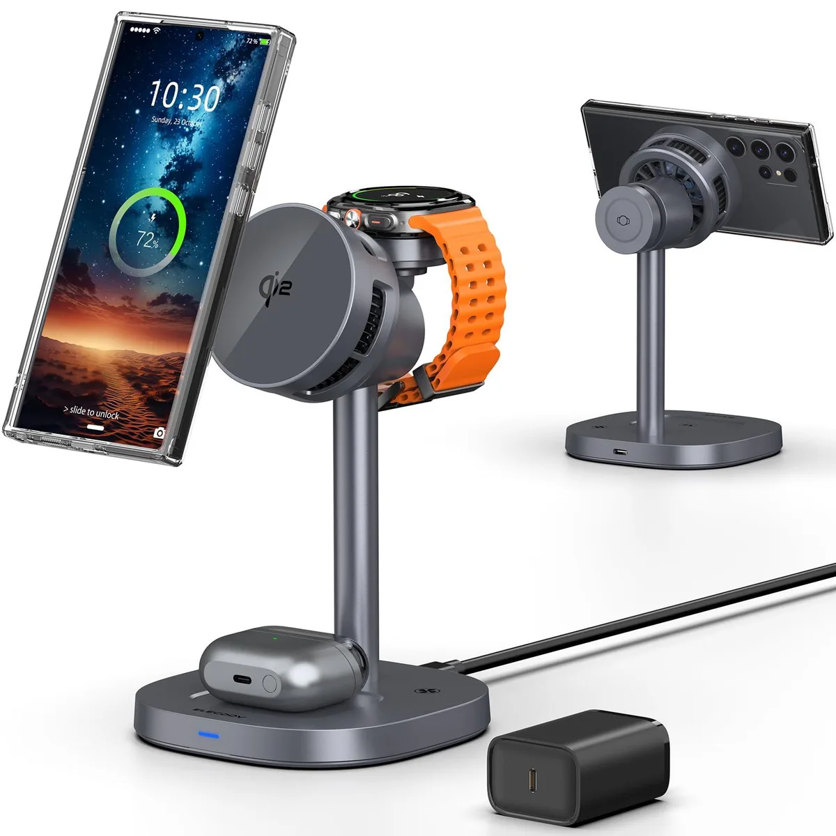 Elecdov 3-in-1 magnetic wireless charger in matte aluminium alloy with adjustable stand and cooling fan