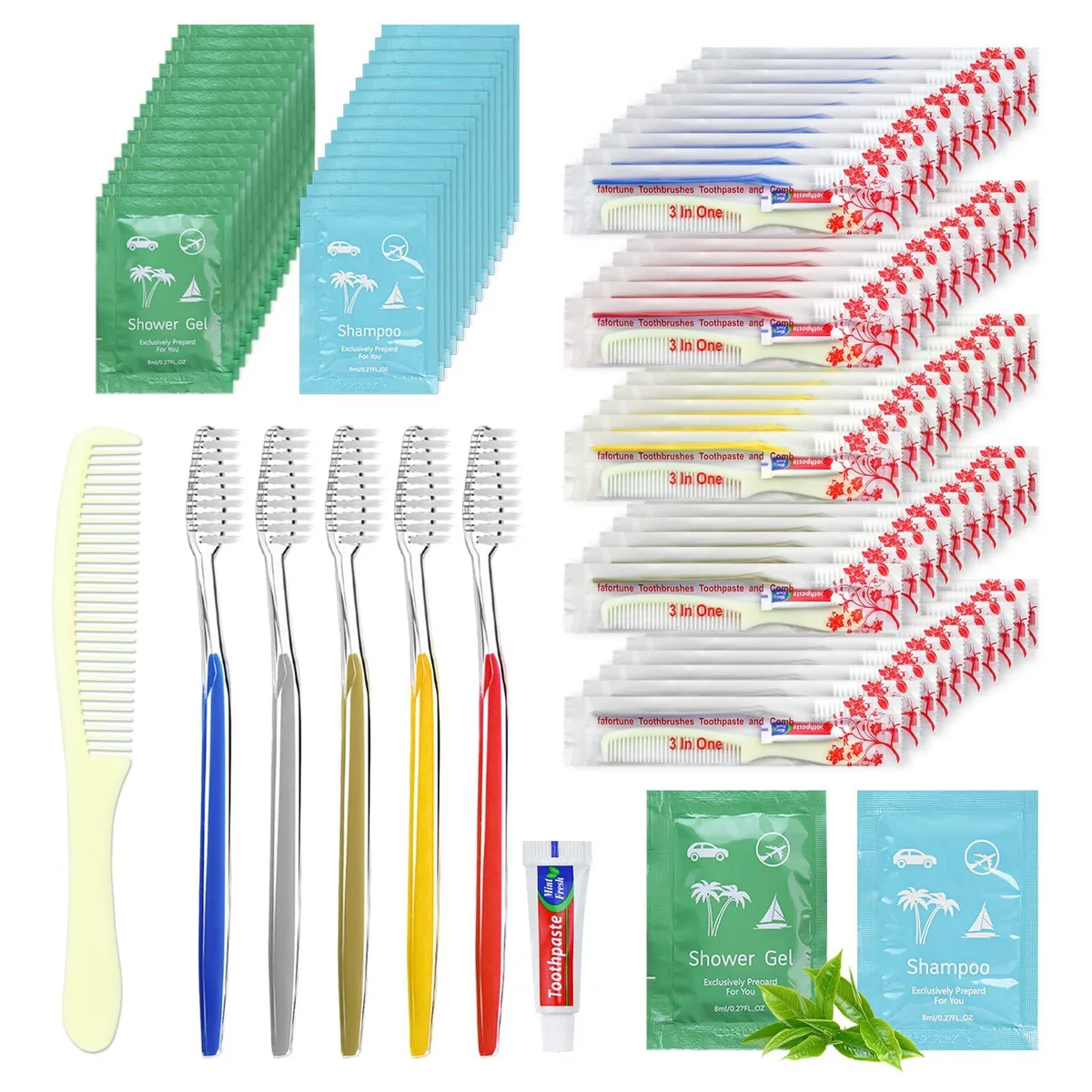 Cardboard box holding 20 yellow hygiene kits with toothbrushes, paste, combs, shampoo, body wash