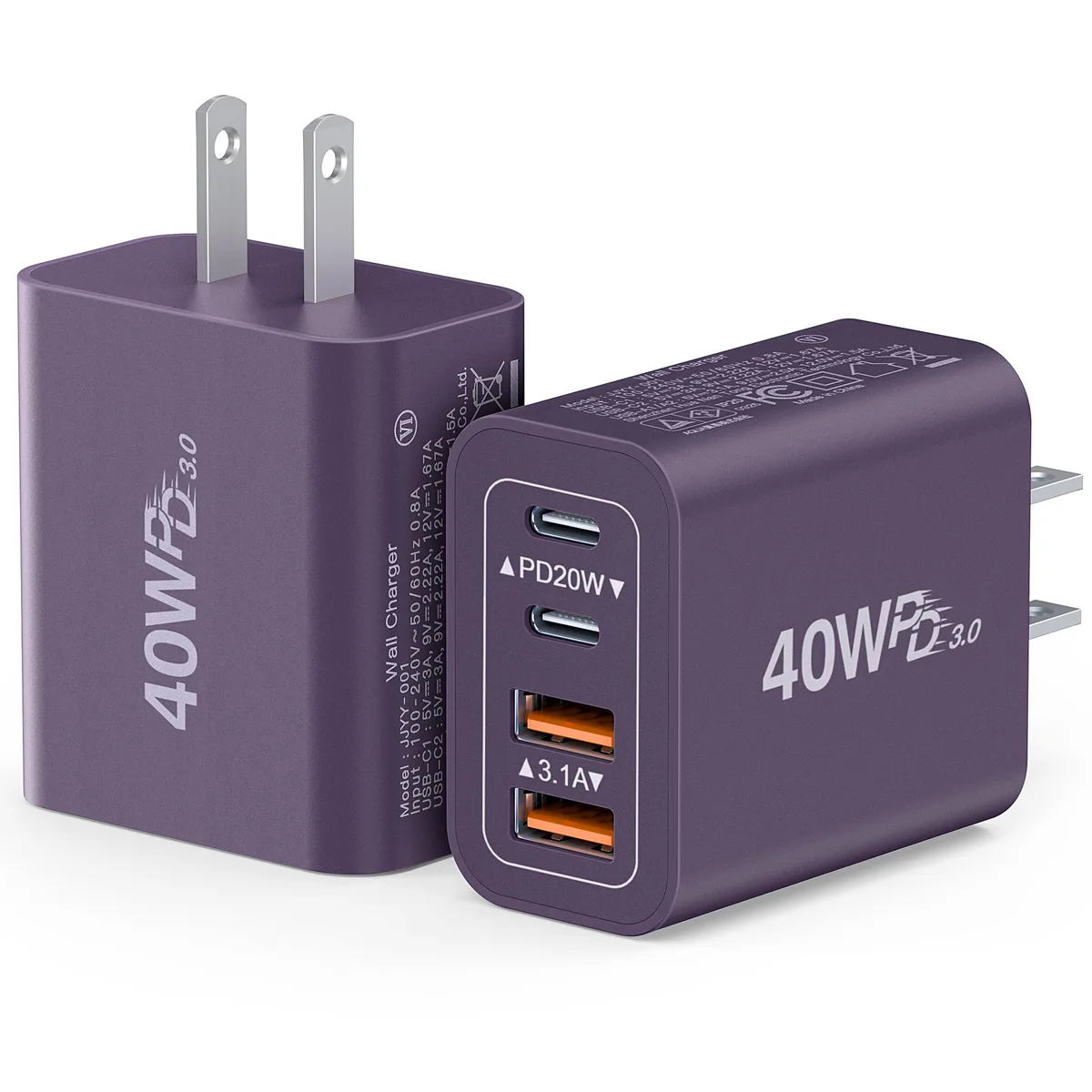 Two purple cube chargers each with four ports USB-C and USB-A