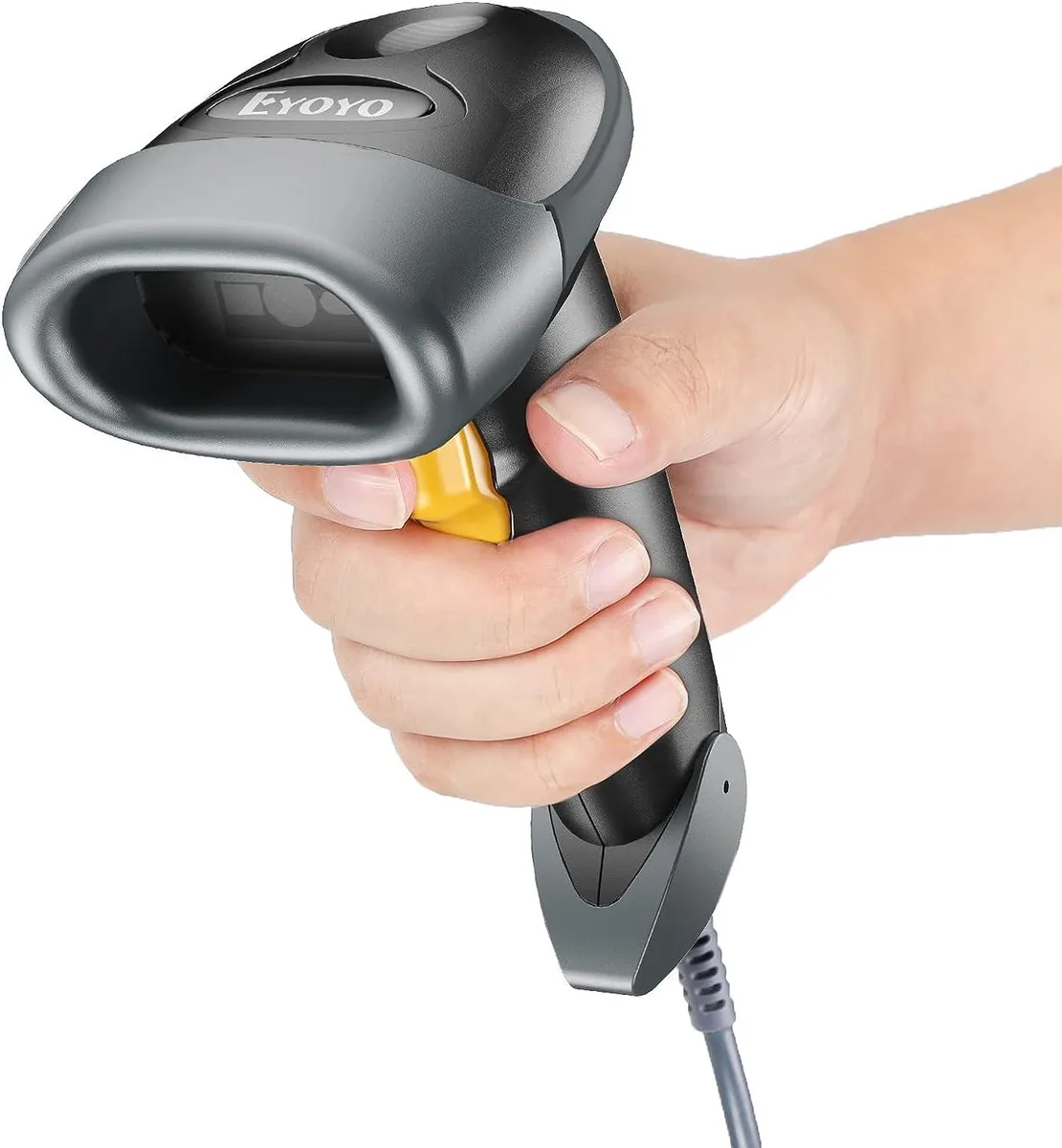 Handheld wired barcode scanner, matte black ABS body, long USB cable attached