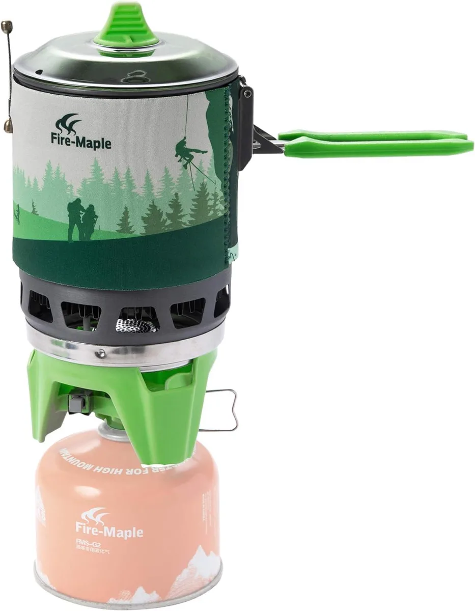 Green anodised aluminium 0.8 litre pot with integrated burner, heat exchanger fins, locking handle and neoprene cover