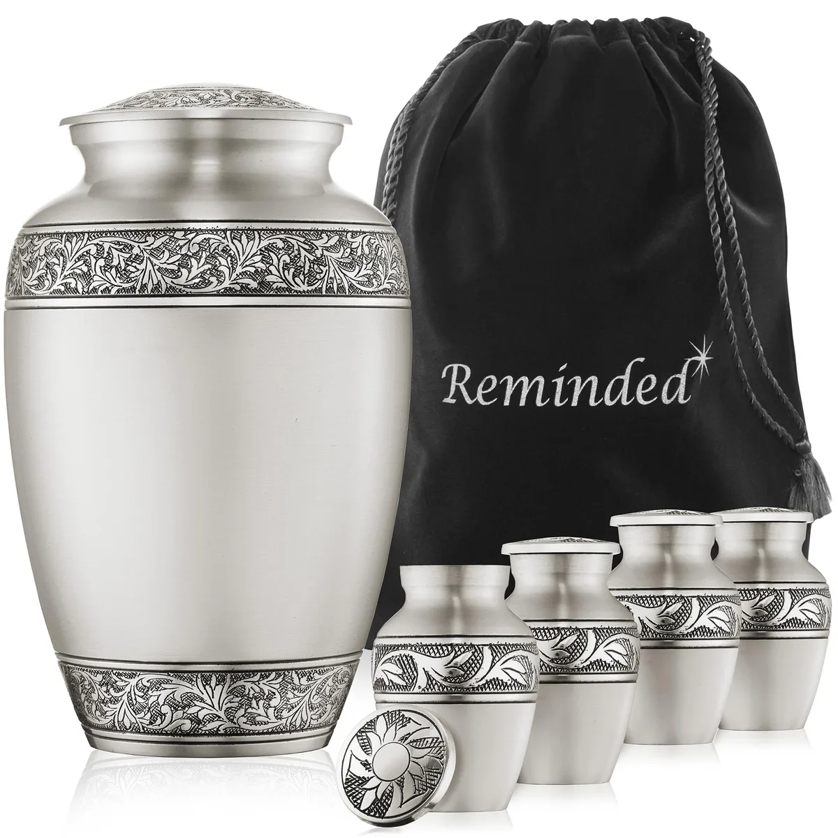 Reminded Reminded Set of 5 Floral Cremation Urns Silver 1 Adult 4 Keepsake — product photo