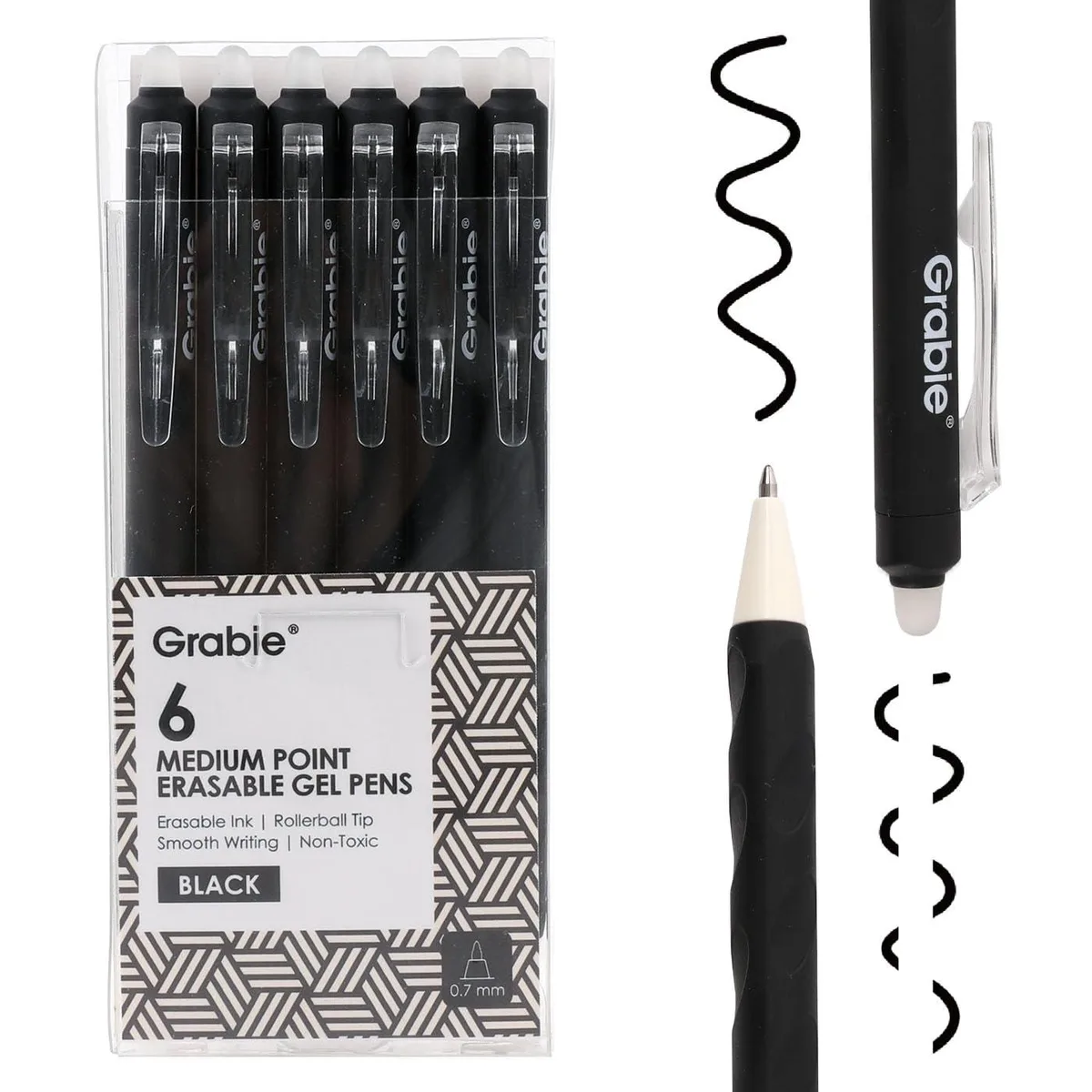 Six black retractable gel pens with matte barrels and clip-click mechanism