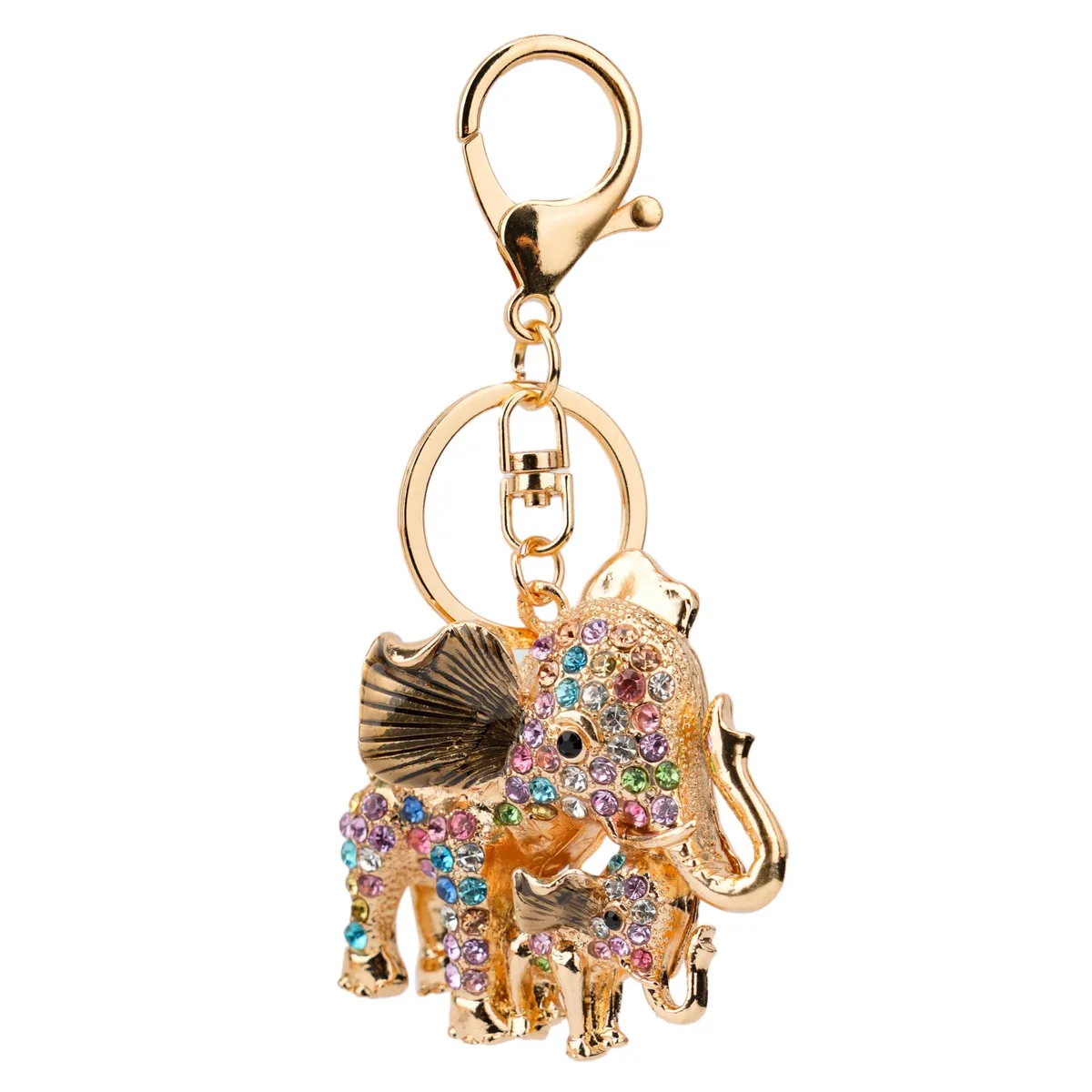 Lucky Elephant rhinestone keychain, stainless steel elephant charm with snap hook, colourful opal finish