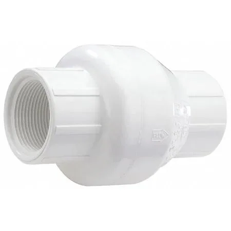 White PVC swing check valve with threaded female ends, 4.5938 inches long