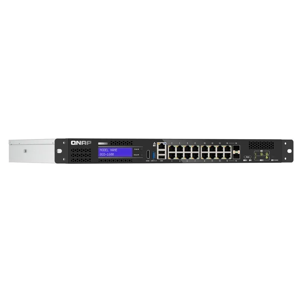 Silver rack-mount network switch with front ports and LCD display