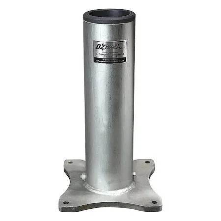 Silver steel pedestal mounting base, square 8.19 inch footprint, 14.88 inches tall, 0.53 inch mount holes