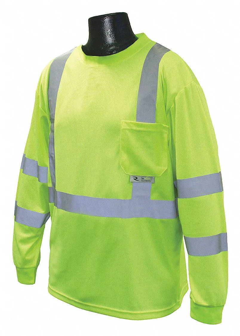 Hi-visibility green polyester long-sleeve shirt with reflective stripes and left chest pocket