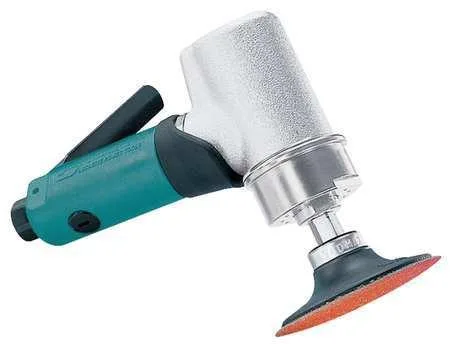 Silver pneumatic disc sander with composite body and lever throttle, three-inch pad, front exhaust, compact six-inch length
